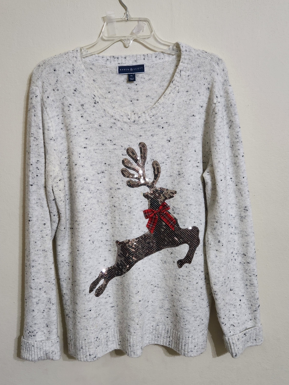 Karen Scott White Speckled V-Neck Sweater with Sequin Reindeer and Red Plaid Bow